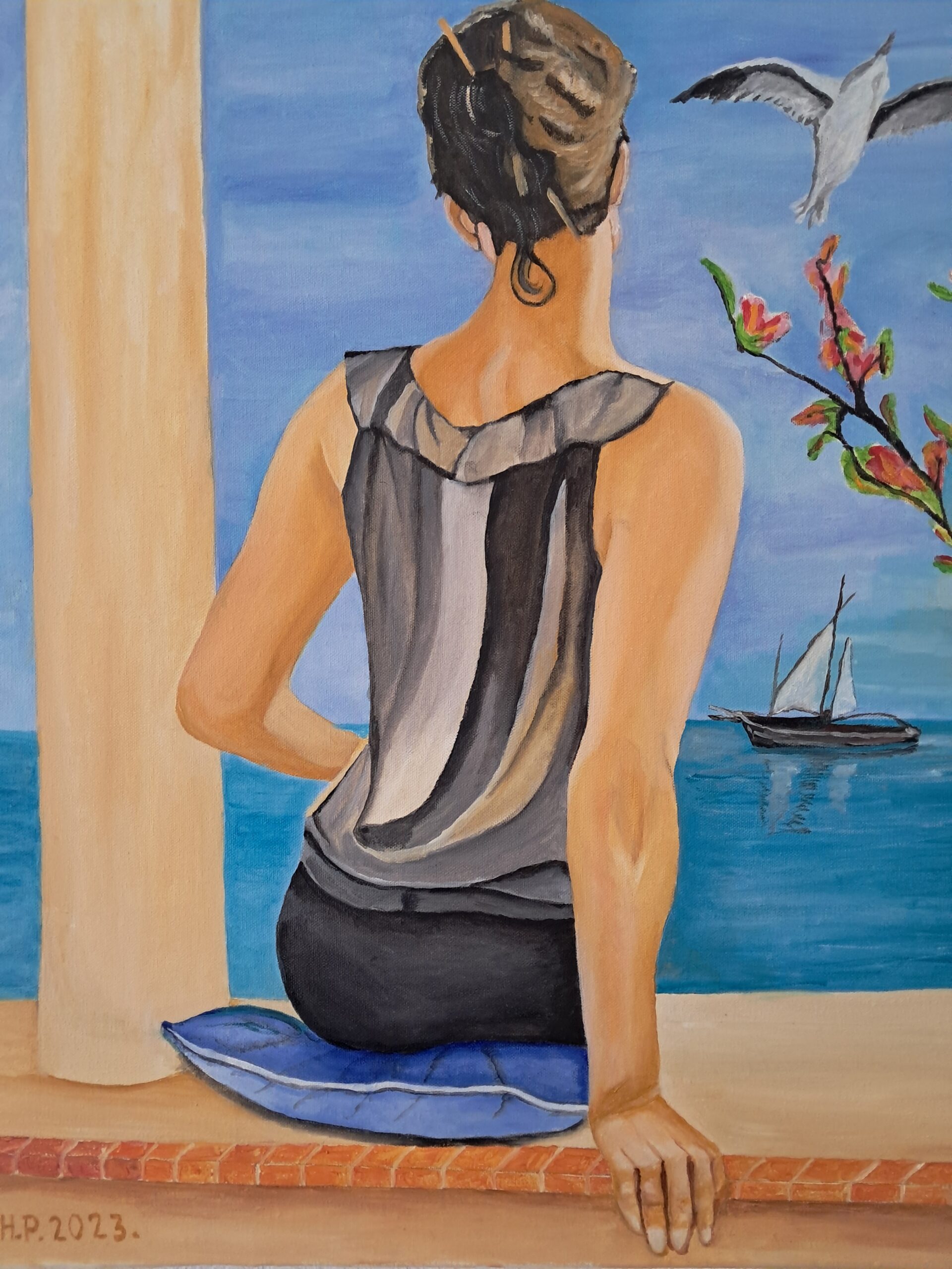 peinture à l'huile représentation d'une femme vue de dos assise sur un muret regardant la mer