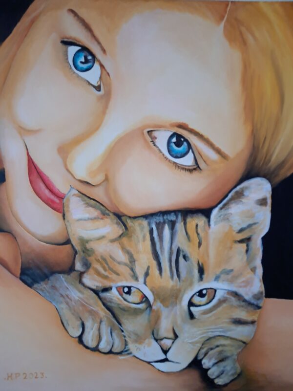 peinture à l'huile sur toile portrait d'une jeune fille et de son chat