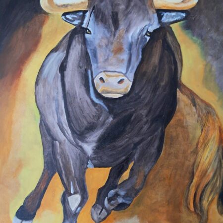 peinture à l'huile représentant un taureau camarguais qui charge