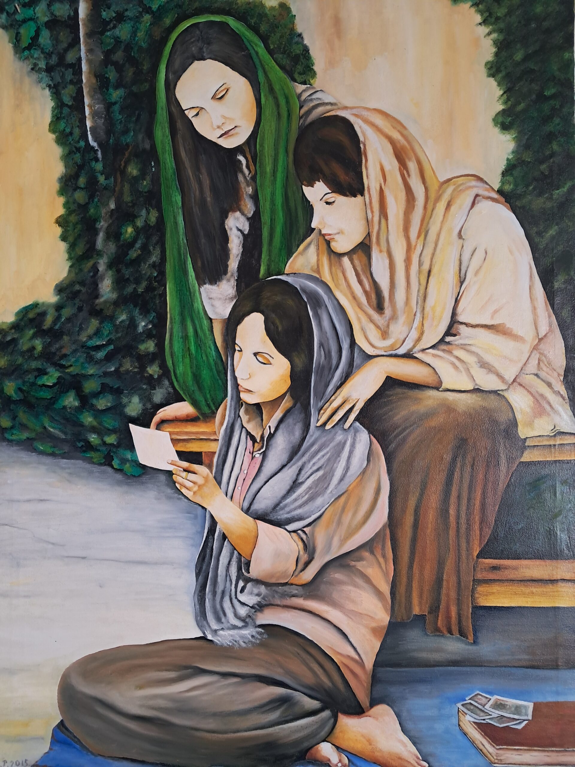 Peinture à l'huile sur toile de coton 3 jeunr femme regarde des cartres postale