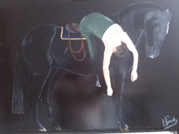 peinture à l'huile sur panneau représentation d'un danseur sur un cheval noir sur un fond noir