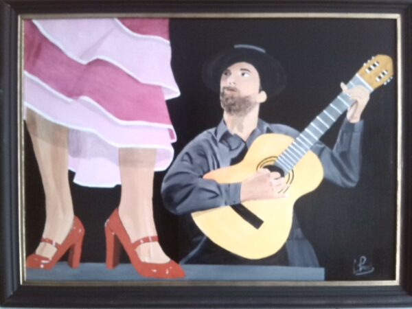 peinture à l'huile sur panneau représentant un guitariste et le bas d'une danseuse de flamenco monté sur une table