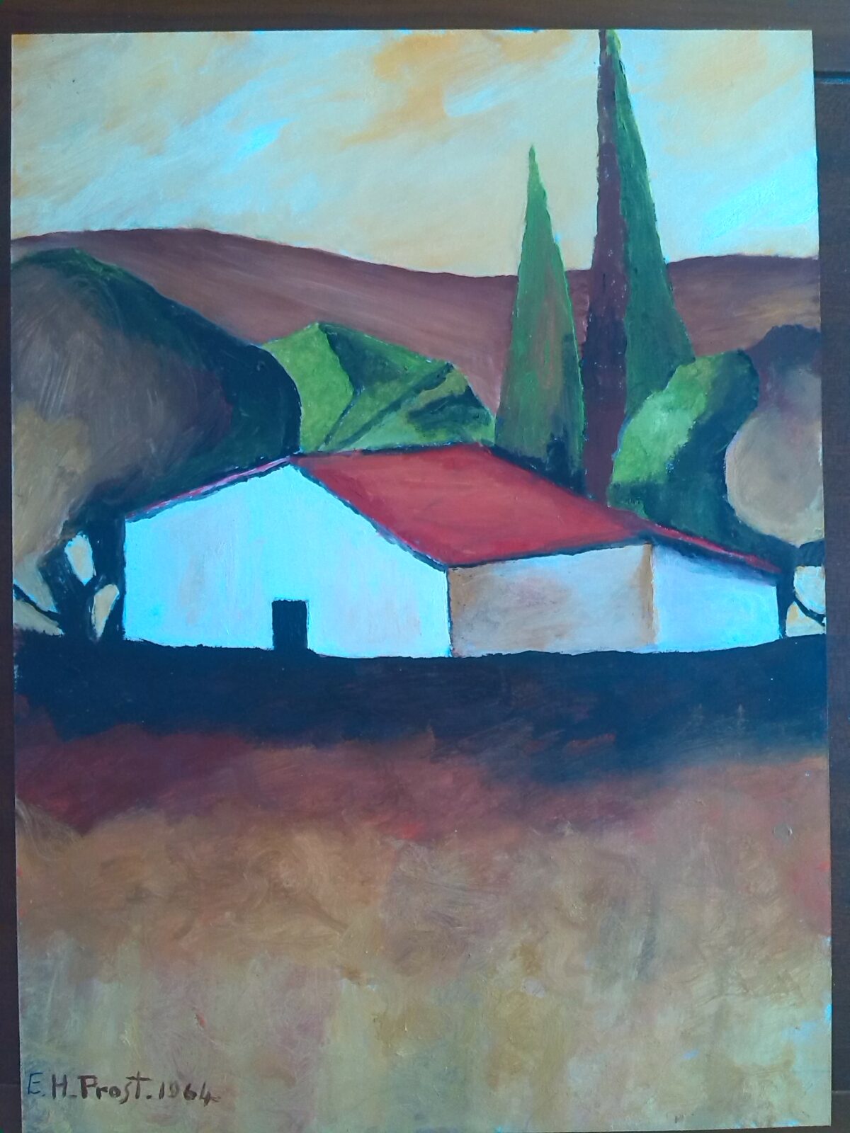 Peinture à l'huile sur papier essaie réaliser en 1964 paysage composé d'une petite maison au toit rouge