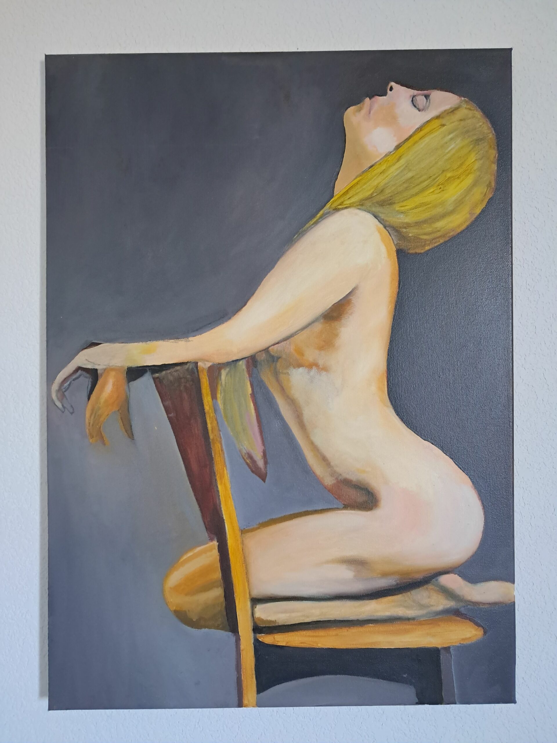 Peinture à l'huile sur toile de 50x70 cm nue artistique d'une femme sur une chaise
