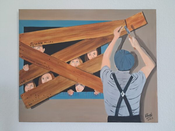 Peinture à l'huile sur table un civil originaire de Moscou enferme des enfants Ukrainiens peinture réalisé pour dénoncé les crimes de guerre de la Russie