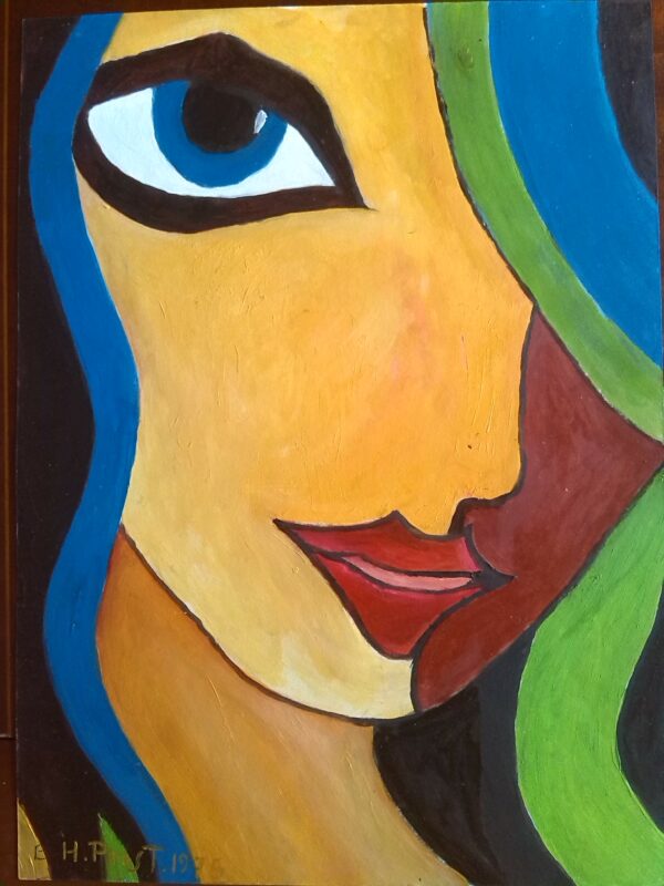 essai peinture à l'huile sur papier portrait figuratif d'une femme réalisé en 1975