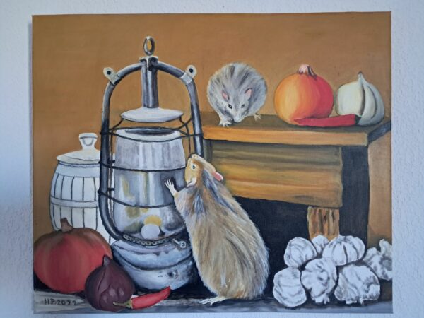 peinture à l'huile sur toile de 55x46 cm représentant une nature morte avec un rat qui se promène au milieu de toute cette nourriture