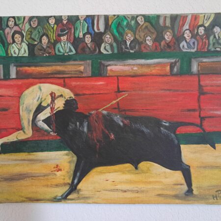 Peinture à l'huile sur toile de 41x33 cm tableau pour condamner la corrida représentnat un toréador sui se fait empaler par le taureau sous le regard hilare des spectateurs