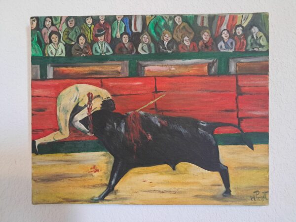 Peinture à l'huile sur toile de 41x33 cm tableau pour condamner la corrida représentnat un toréador sui se fait empaler par le taureau sous le regard hilare des spectateurs