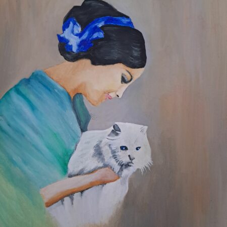 Peinture à l'huile sur toile de 25x30 cm portrait d'une femme et de son chat blanc