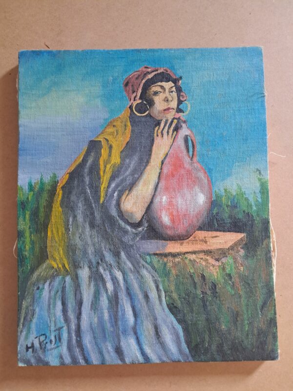 Peinture à l'huile sur toile encolée sur du bois de 29x36 cm représentation d'une femme bédouinne avec une cruche d'eau