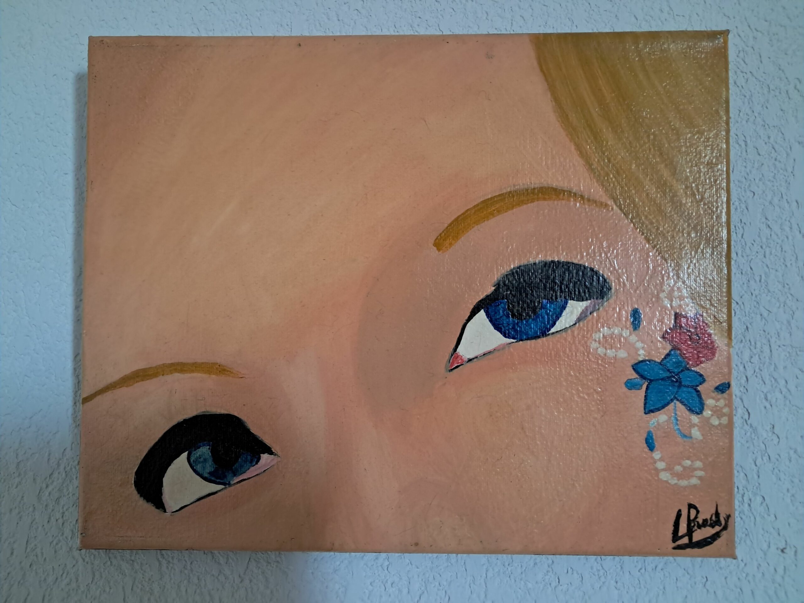 Peinture à l'huile sur toile de 30x25 cm portrait d'une jeune femme aux yeux bleu
