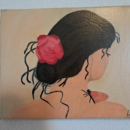 Peinture à l'huile sur toile de 30x25 cm portrait d'une jeunr femme de dos avec un papillon sur son épaule