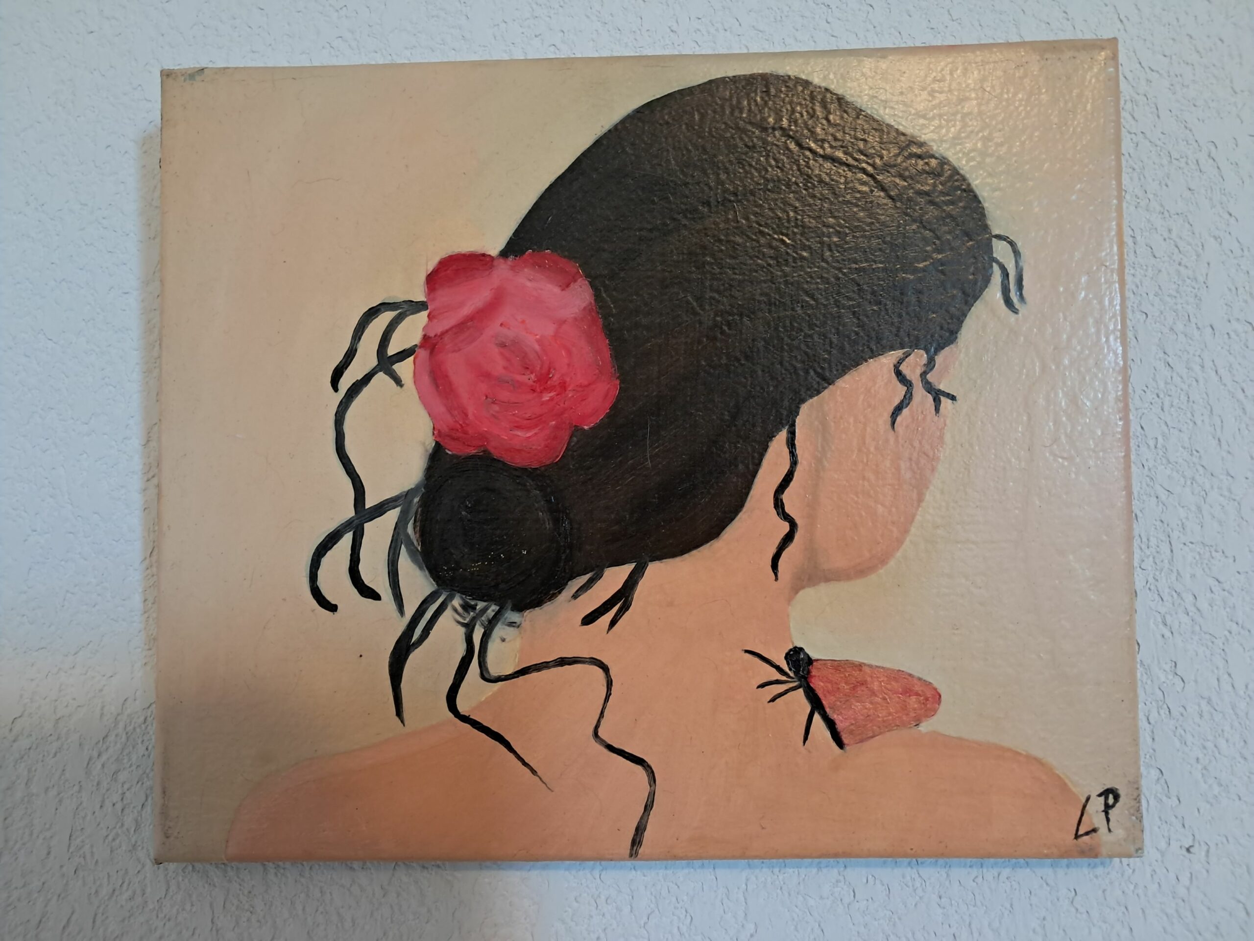 Peinture à l'huile sur toile de 30x25 cm portrait d'une jeunr femme de dos avec un papillon sur son épaule