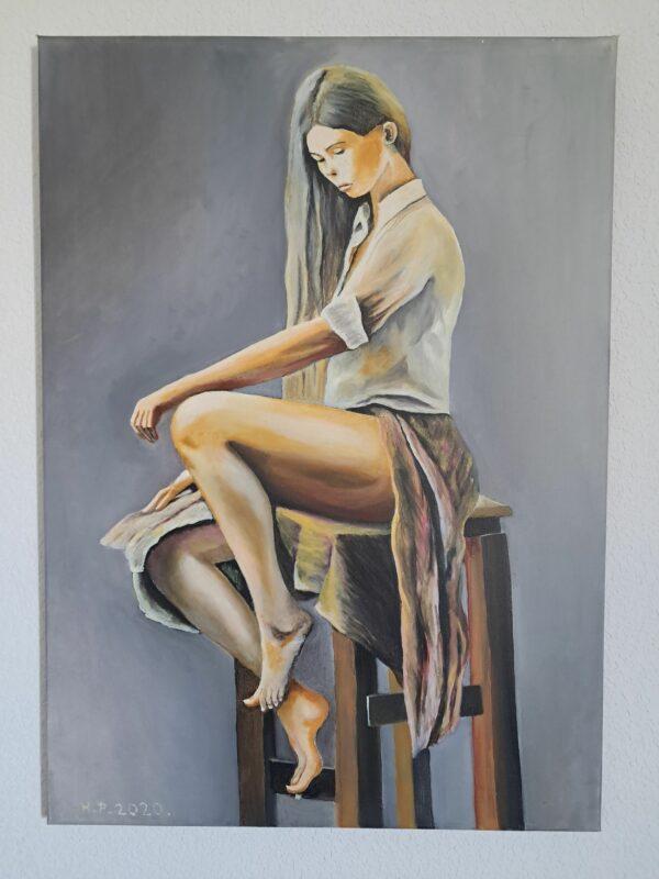 Peinture à l'huile sur toile de 50x70 cm portrait d'une jeune femme assise sur un tabouret en bois