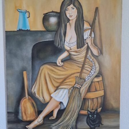 Peinture à l'huile de 54x70 cm portrait d'une jeune femme avec son balai à la main