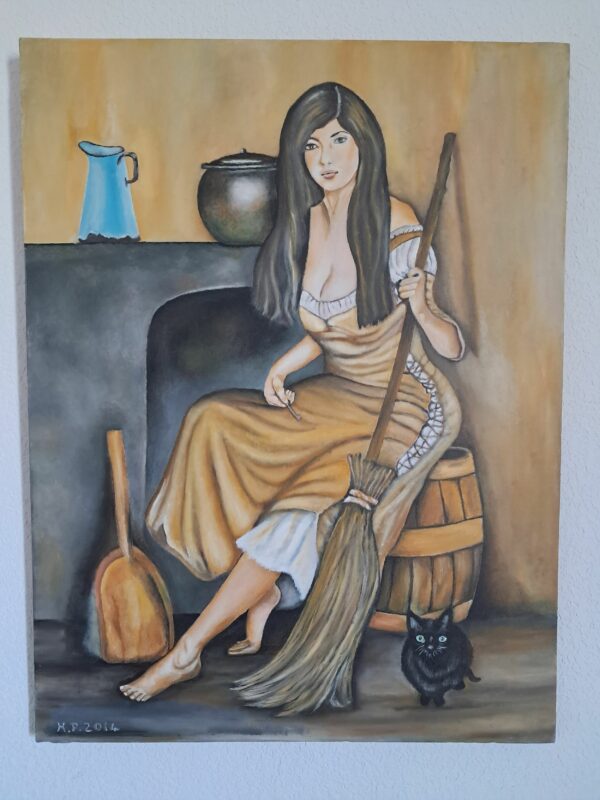 Peinture à l'huile de 54x70 cm portrait d'une jeune femme avec son balai à la main