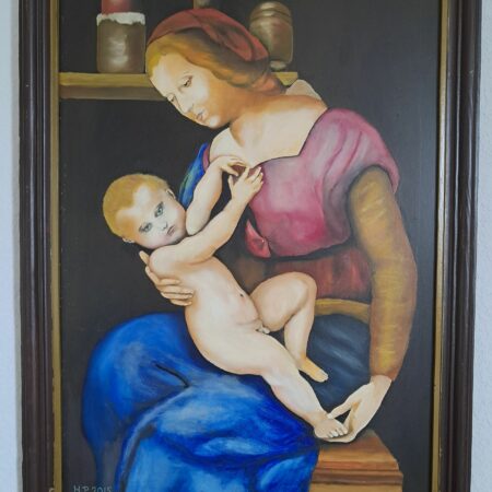 Peinture à l'huile sur panneau de 50 x70 cm peinture inspiré de la Madone d'Orléan peinte par Raphaël (1506-1507)