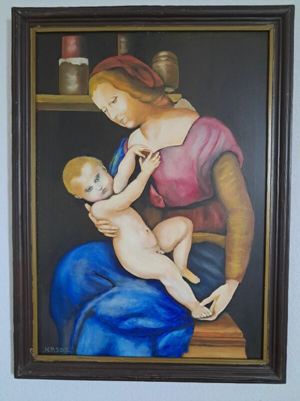 Peinture à l'huile sur panneau de 50 x70 cm peinture inspiré de la Madone d'Orléan peinte par Raphaël (1506-1507)