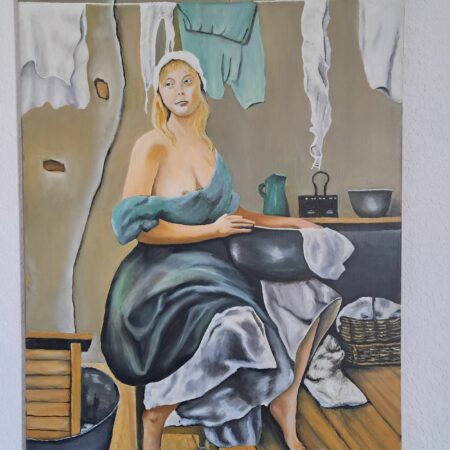 Peinture à l'huile sur toile de 50x70 cm portrait d'une lavandière