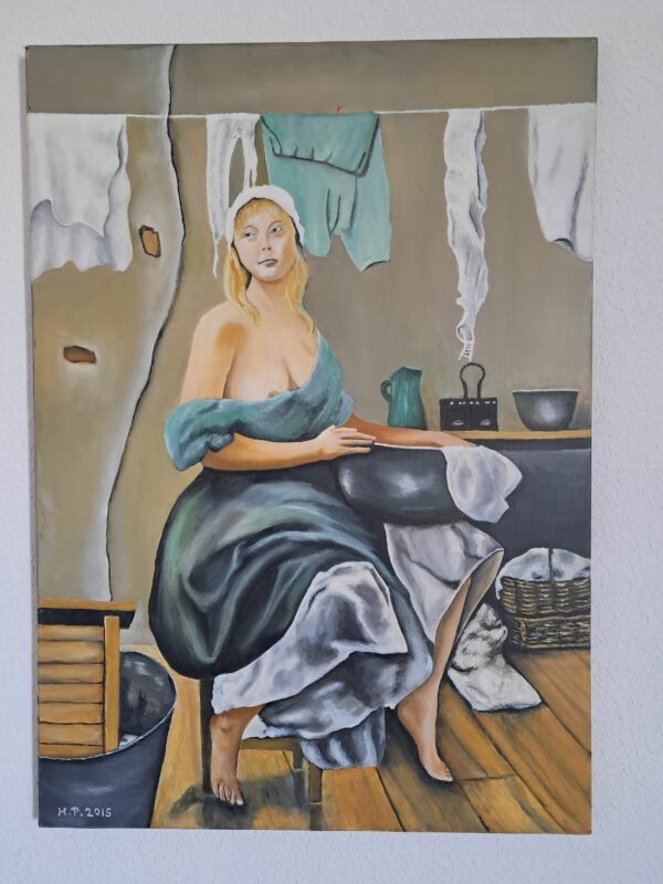 Peinture à l'huile sur toile de 50x70 cm portrait d'une lavandière