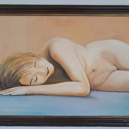 peinture à l'huile sur paneau de 70x50 cm nue artistique, portrait d'une jeune femme couchée