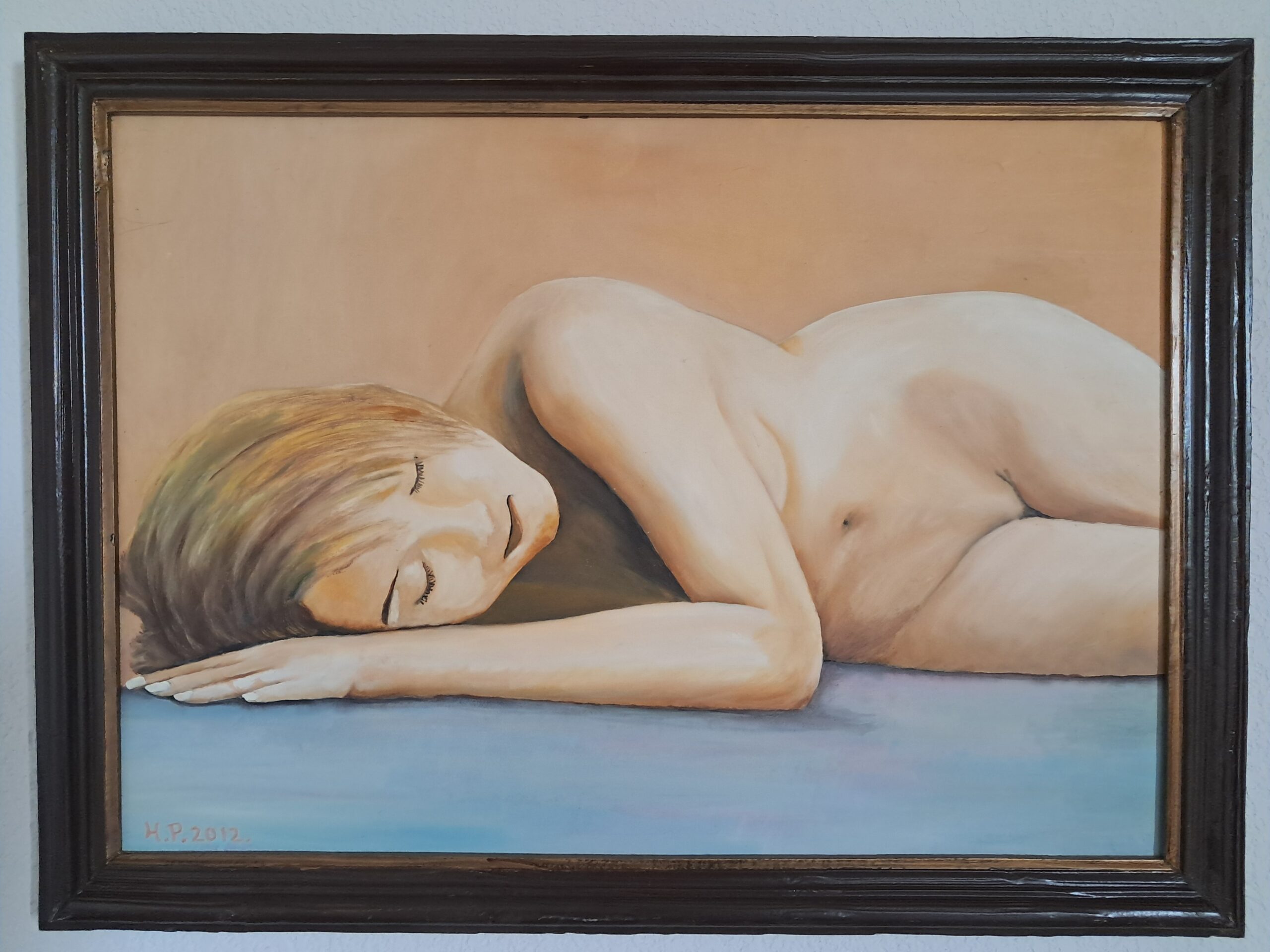 peinture à l'huile sur paneau de 70x50 cm nue artistique, portrait d'une jeune femme couchée